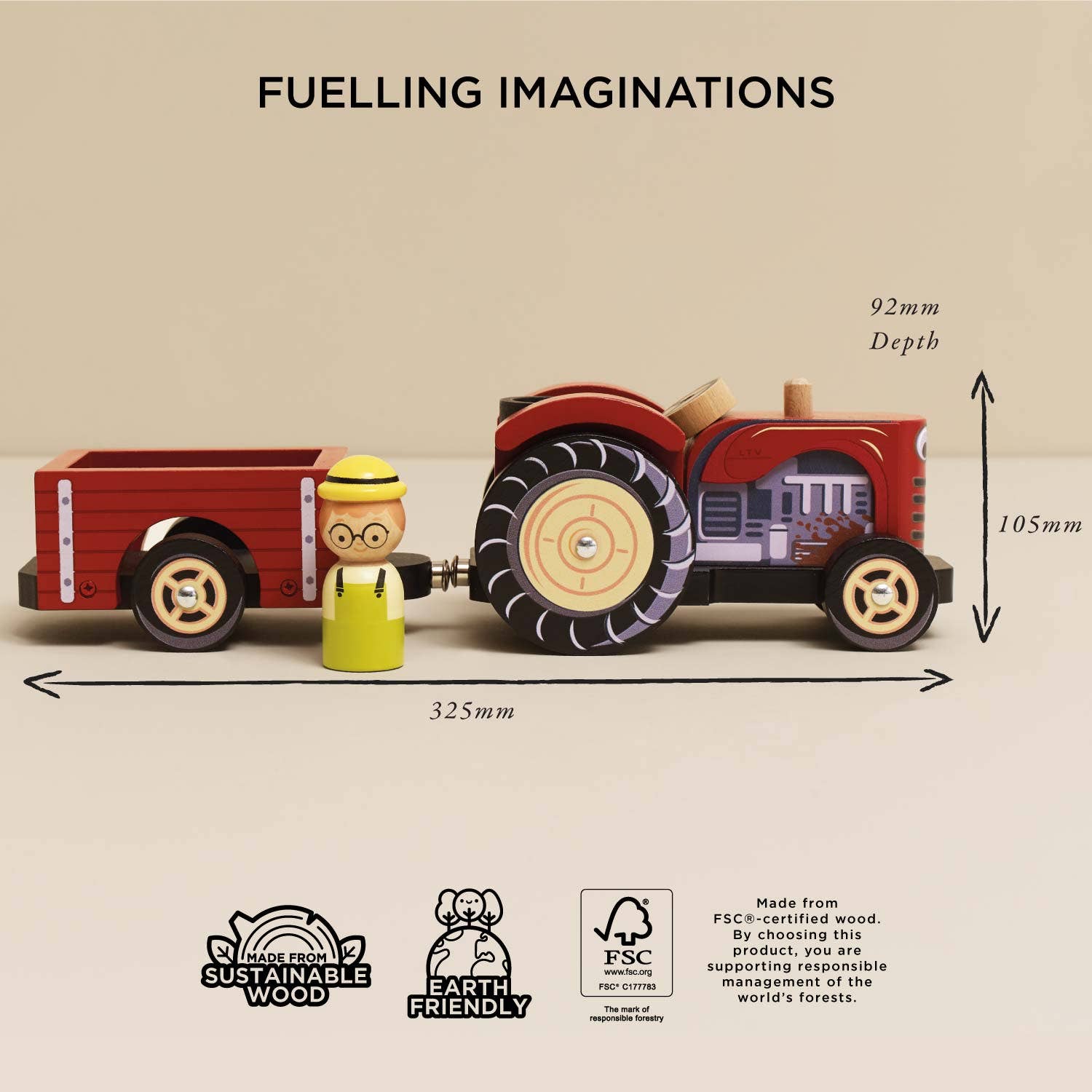 Wooden toy tractor and driver with measurements and sustainability labels on a beige background