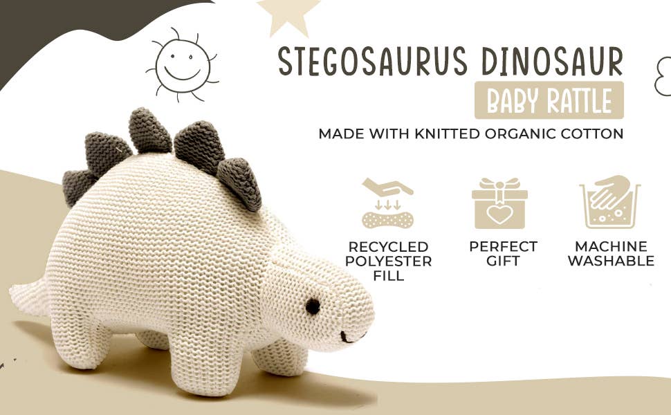 Organic White Cotton Knit Stegosaurus Dinosaur Rattle