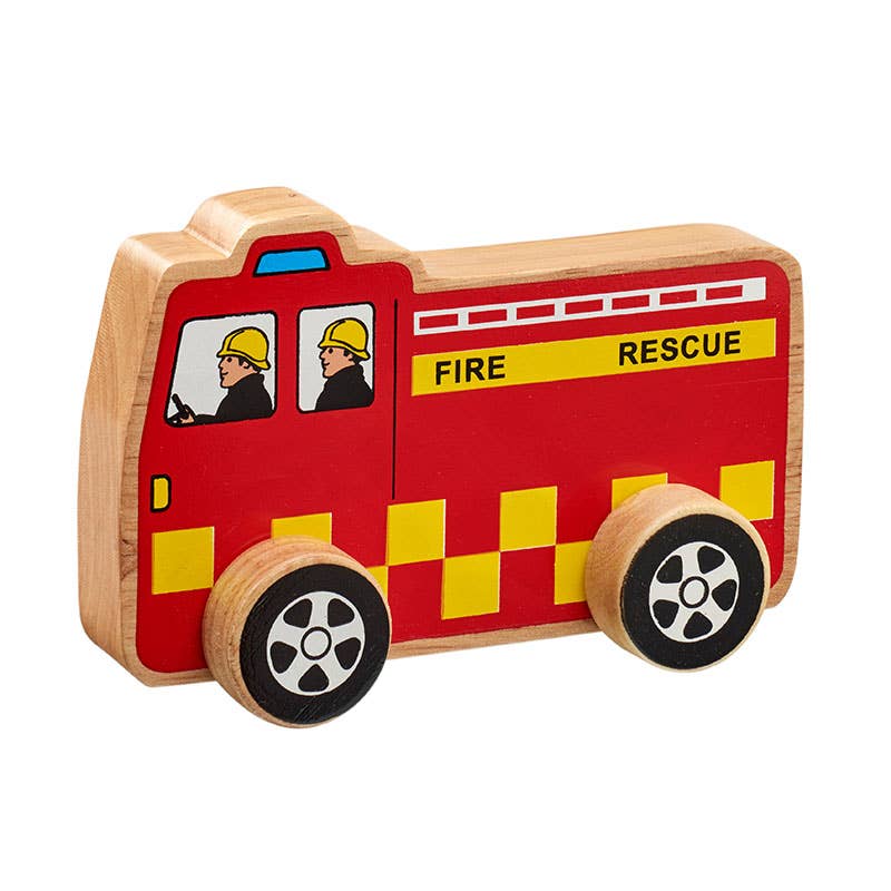 Wooden toy fire truck with red and yellow colors on a white background