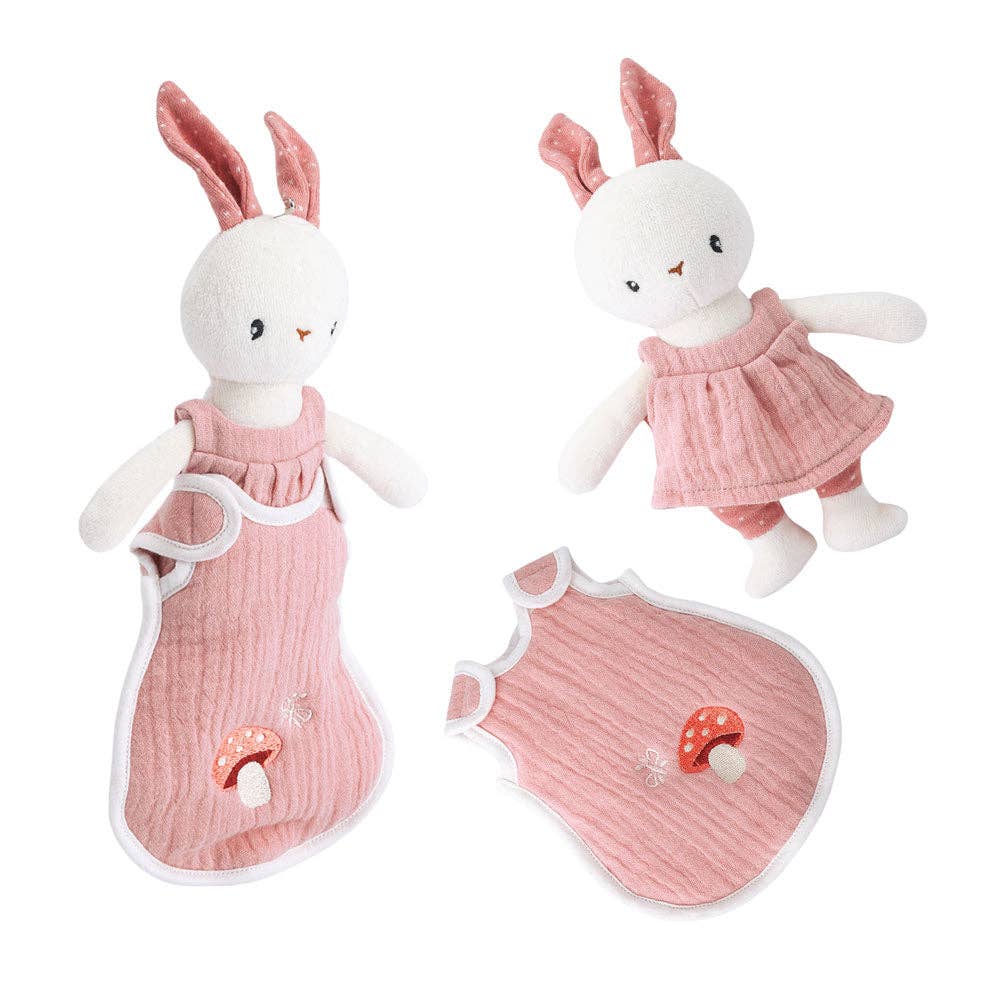 Two plush rabbit toys with pink dresses and a matching pouch on a white background