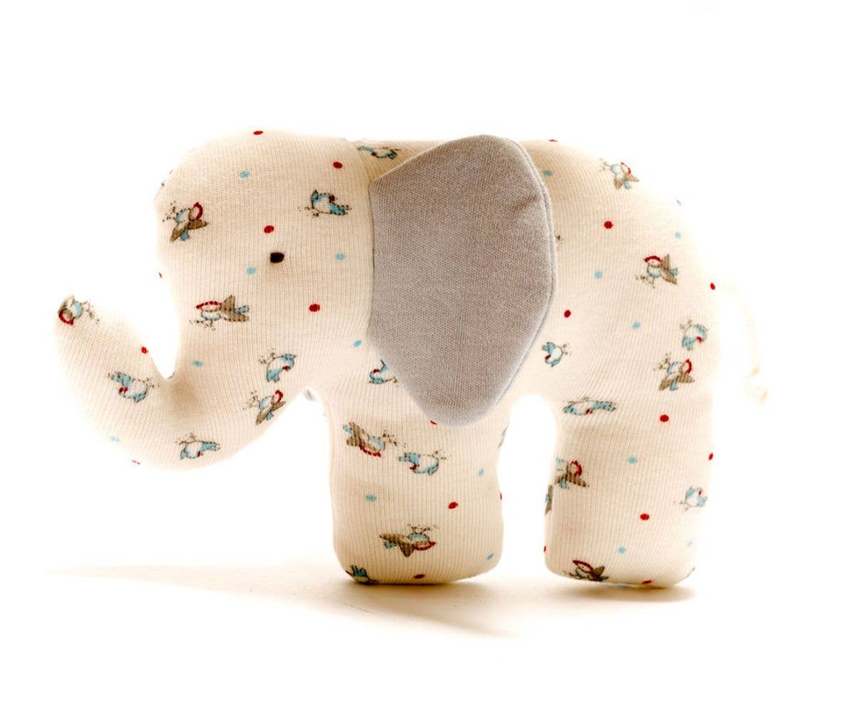 Plush elephant toy with floral patterns on a white background