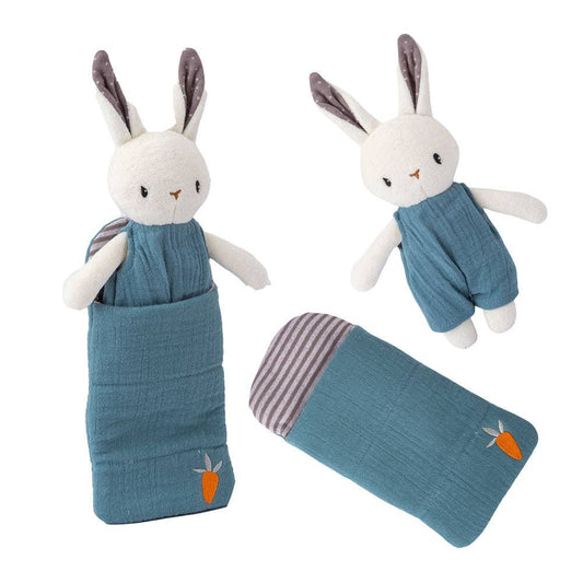 Two plush rabbit toys with blue outfits on a white background
