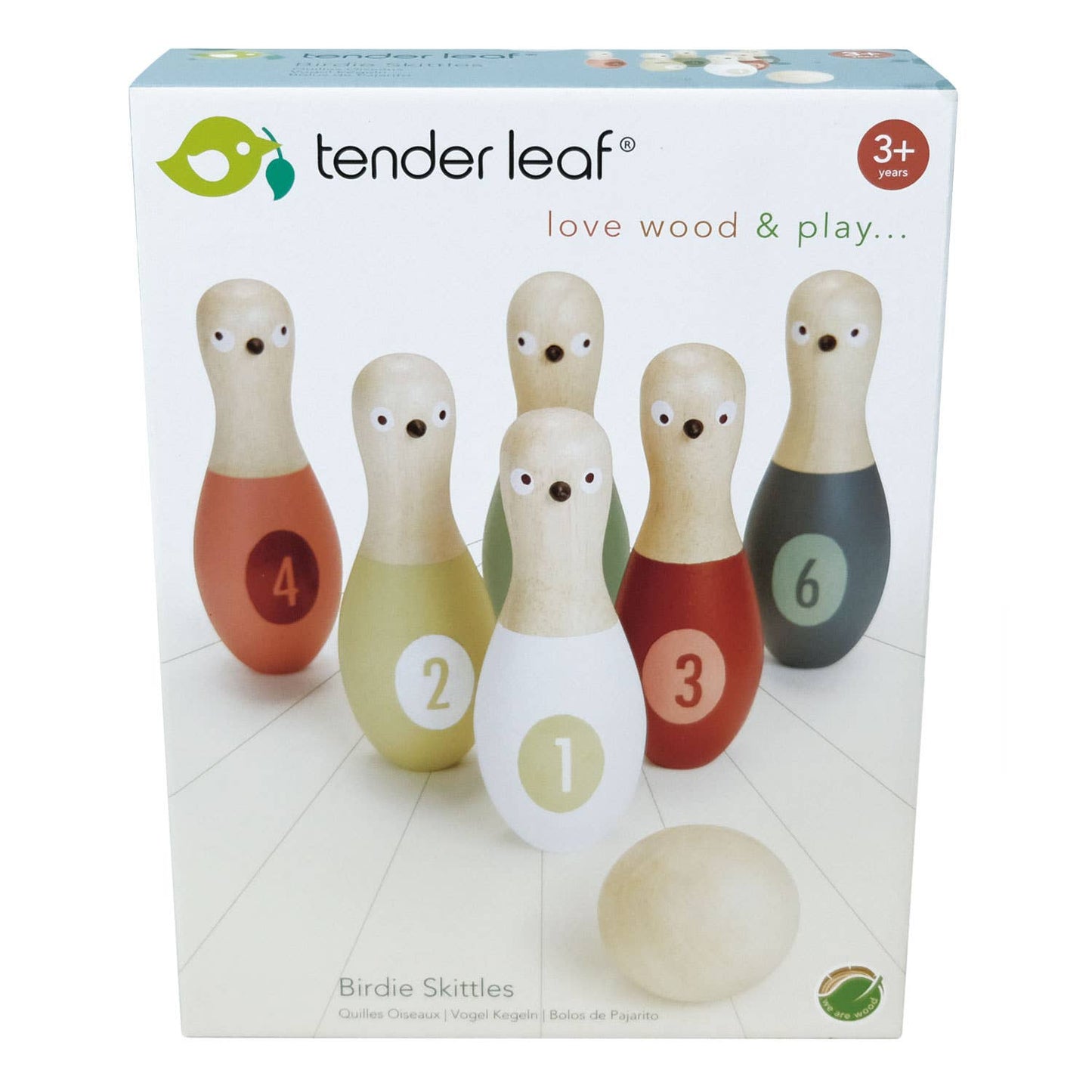 Box of Tender Leaf wooden birdie skittles with numbers on a white background