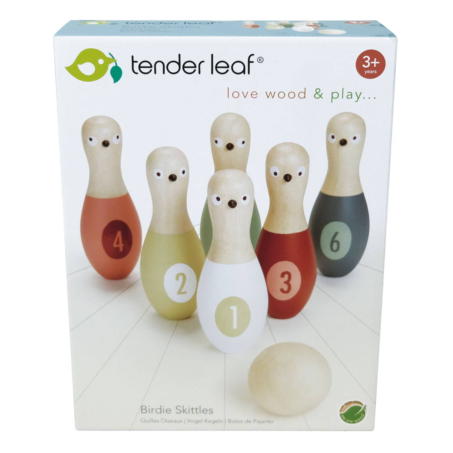 Box of Tender Leaf wooden birdie skittles with numbers on a white background