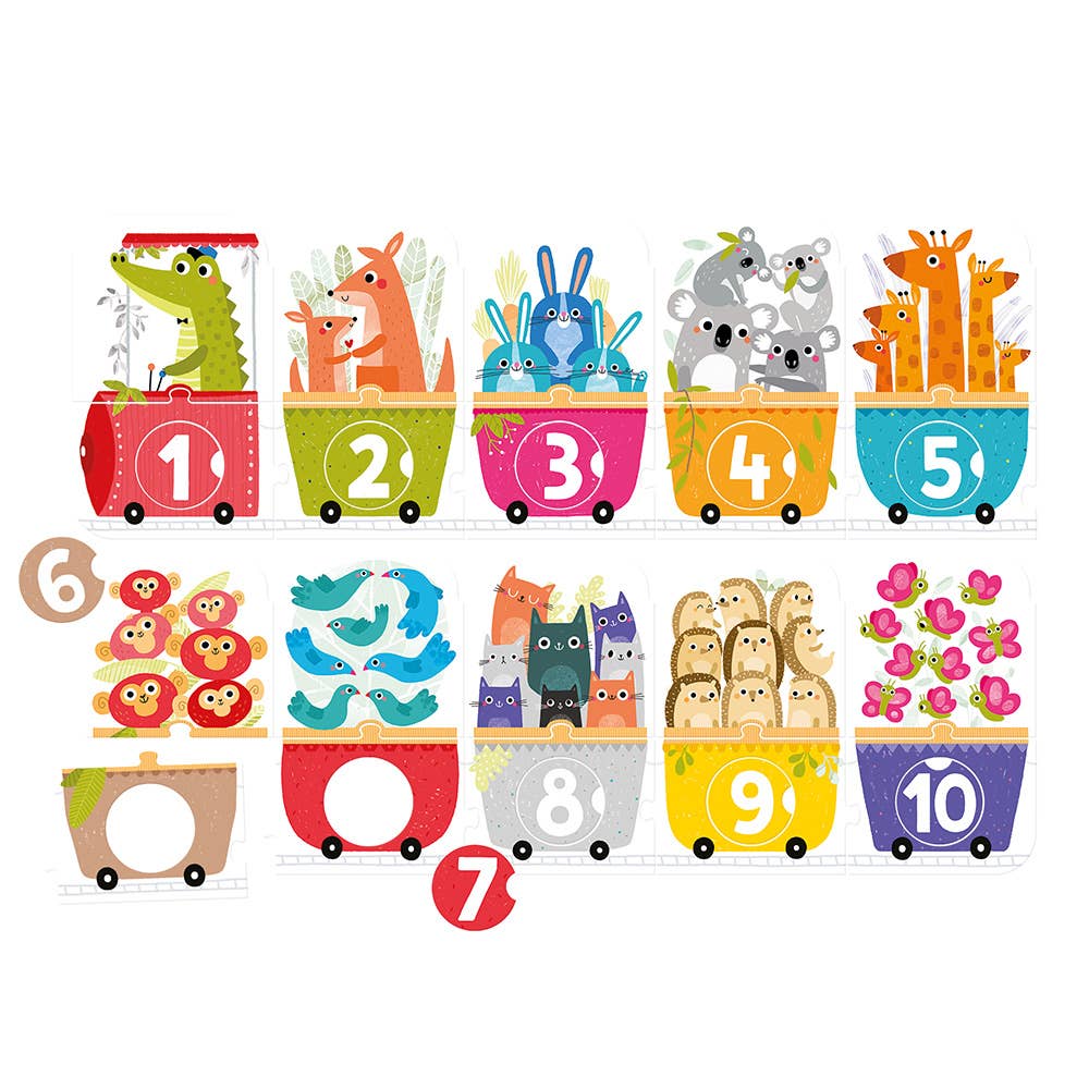 Educational children's chart with animals and numbers on a white background