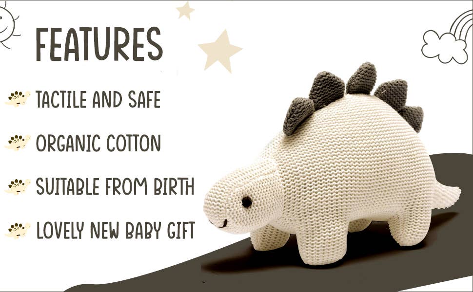 Organic White Cotton Knit Stegosaurus Dinosaur Rattle