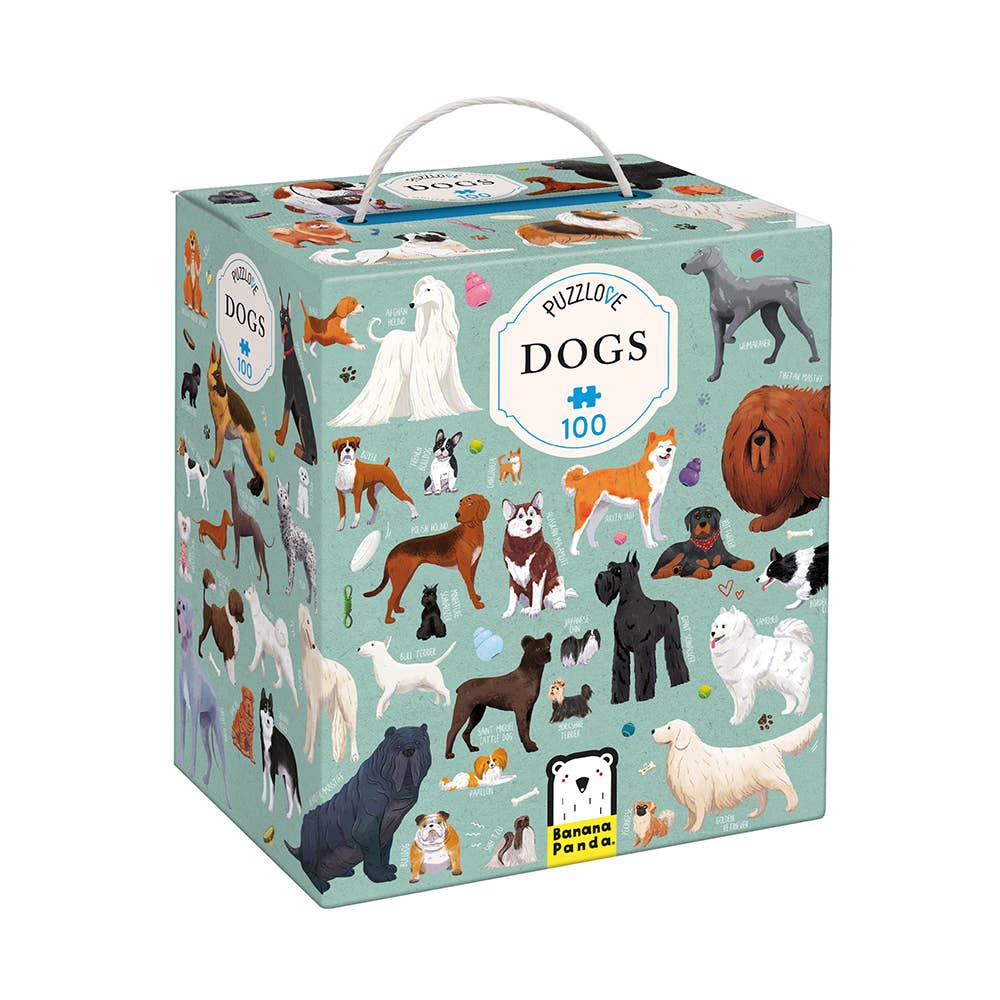 Jigsaw puzzle box featuring illustrations of dogs on a light blue background