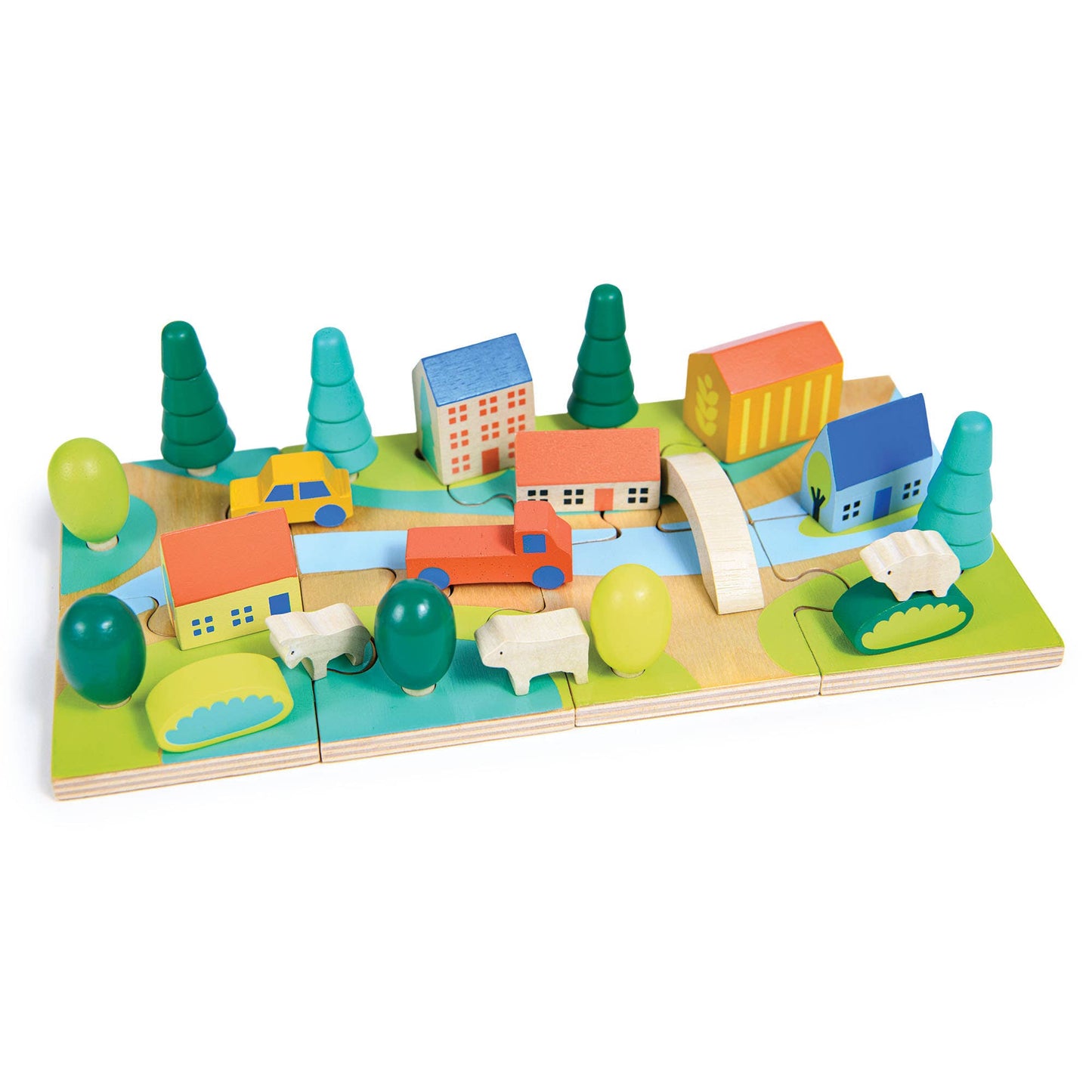 Colorful wooden toy set with houses, trees, and animals on a white background