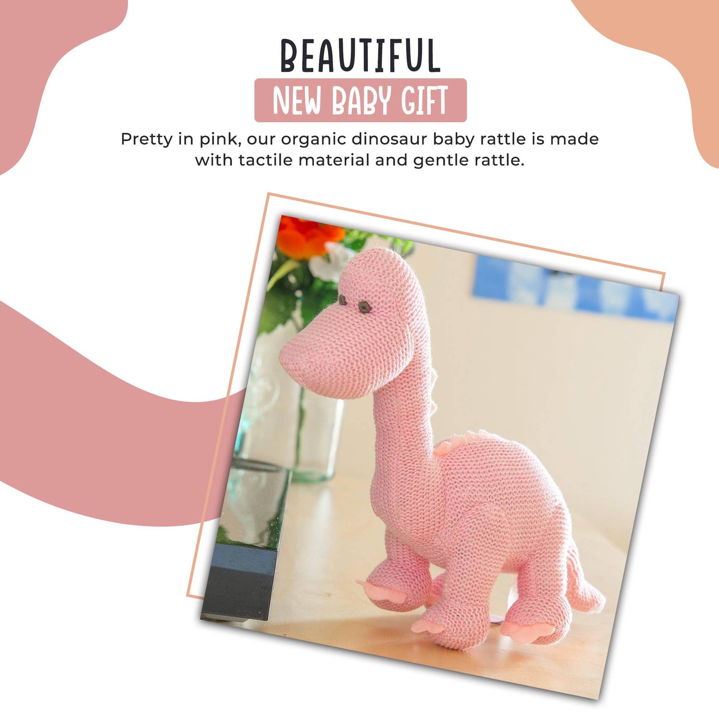 Dinosaur Baby Rattle, Knitted Organic Cotton Pink Diplodocus