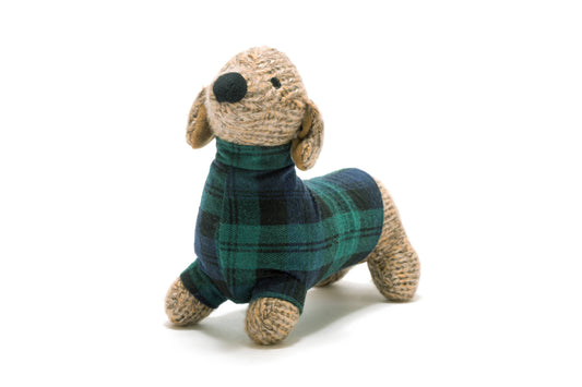 Knitted Sausage Dog Plush Toy with Tartan Jumper