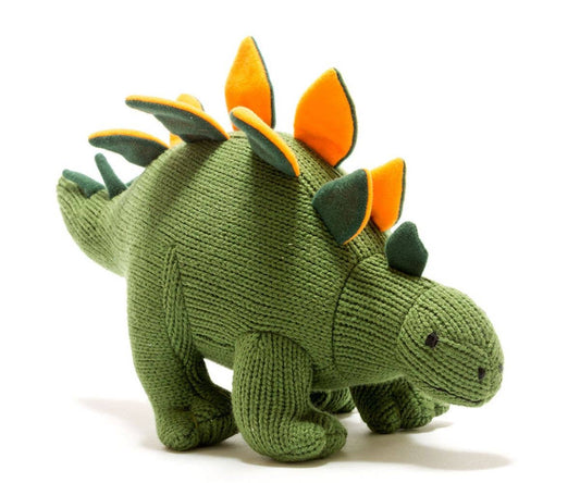 Knitted Stegosaurus Dinosaur Plush Toy Moss Green and Orange