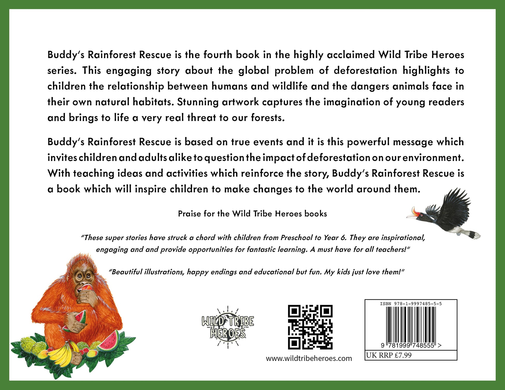 Back cover of 'Buddy's Rainforest Rescue' book with text and an illustration of an orangutan.