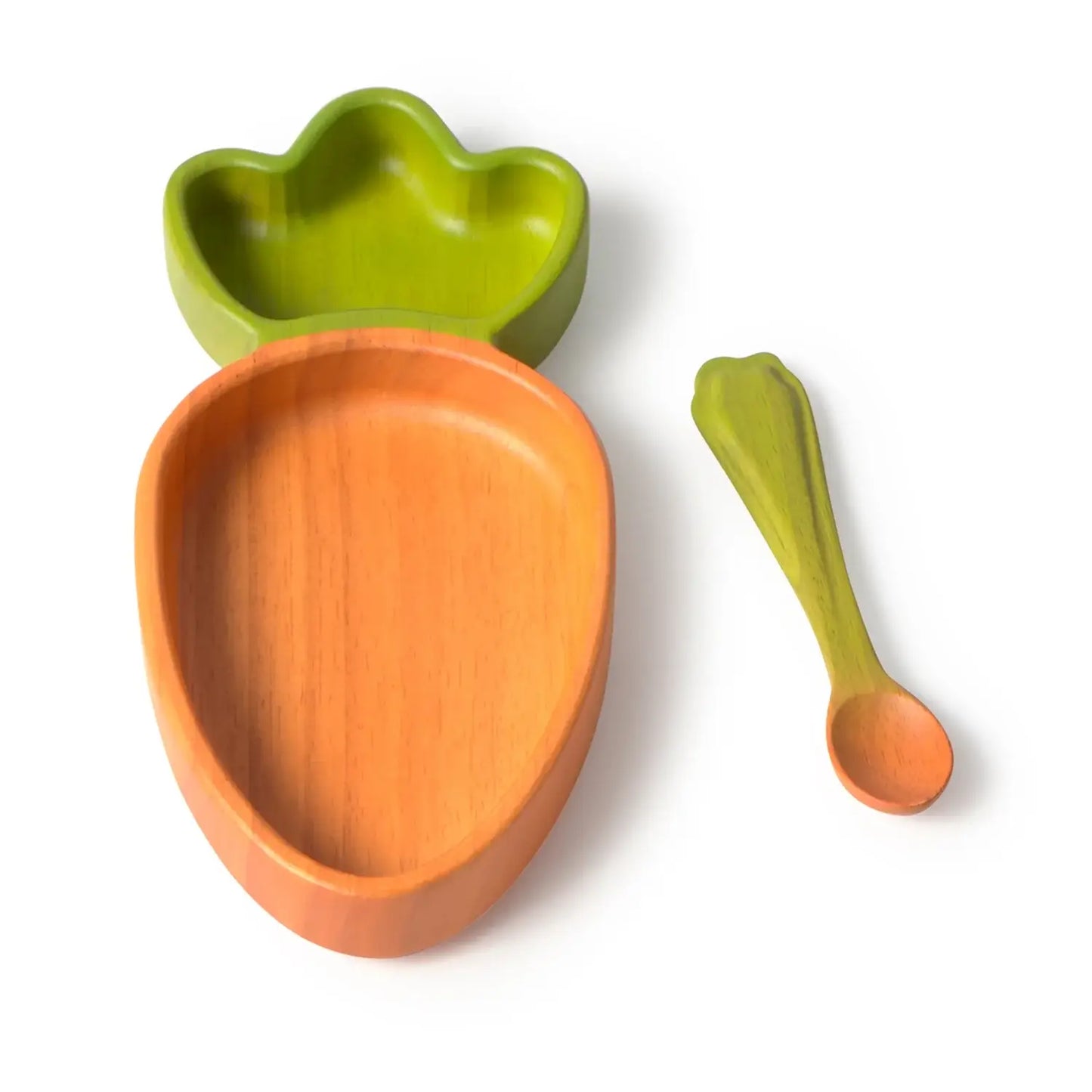 Carrot-shaped wooden plate and green spoon on a white background