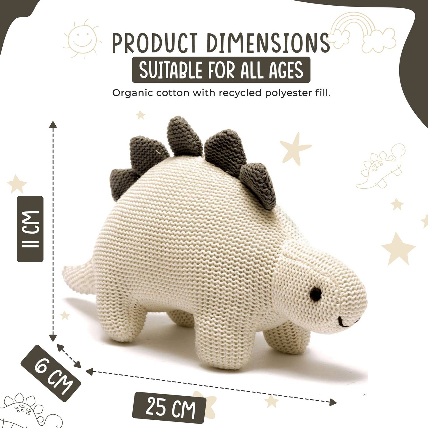 Organic White Cotton Knit Stegosaurus Dinosaur Rattle