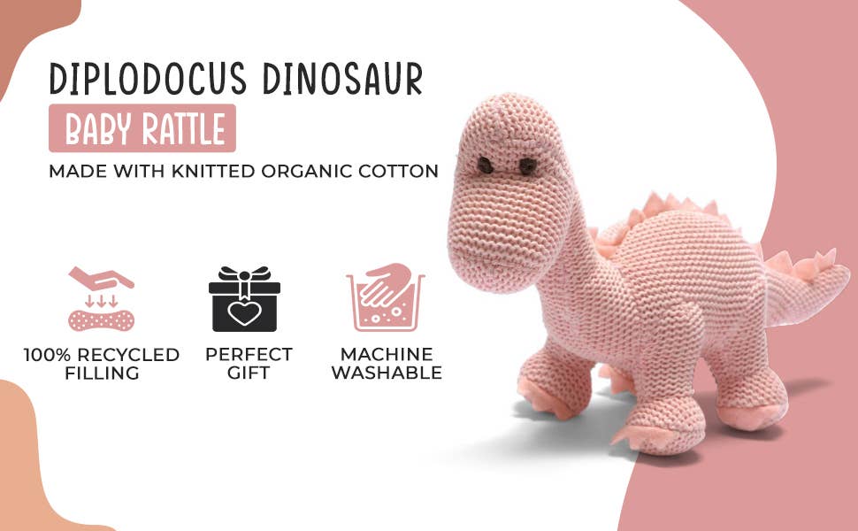 Dinosaur Baby Rattle, Knitted Organic Cotton Pink Diplodocus
