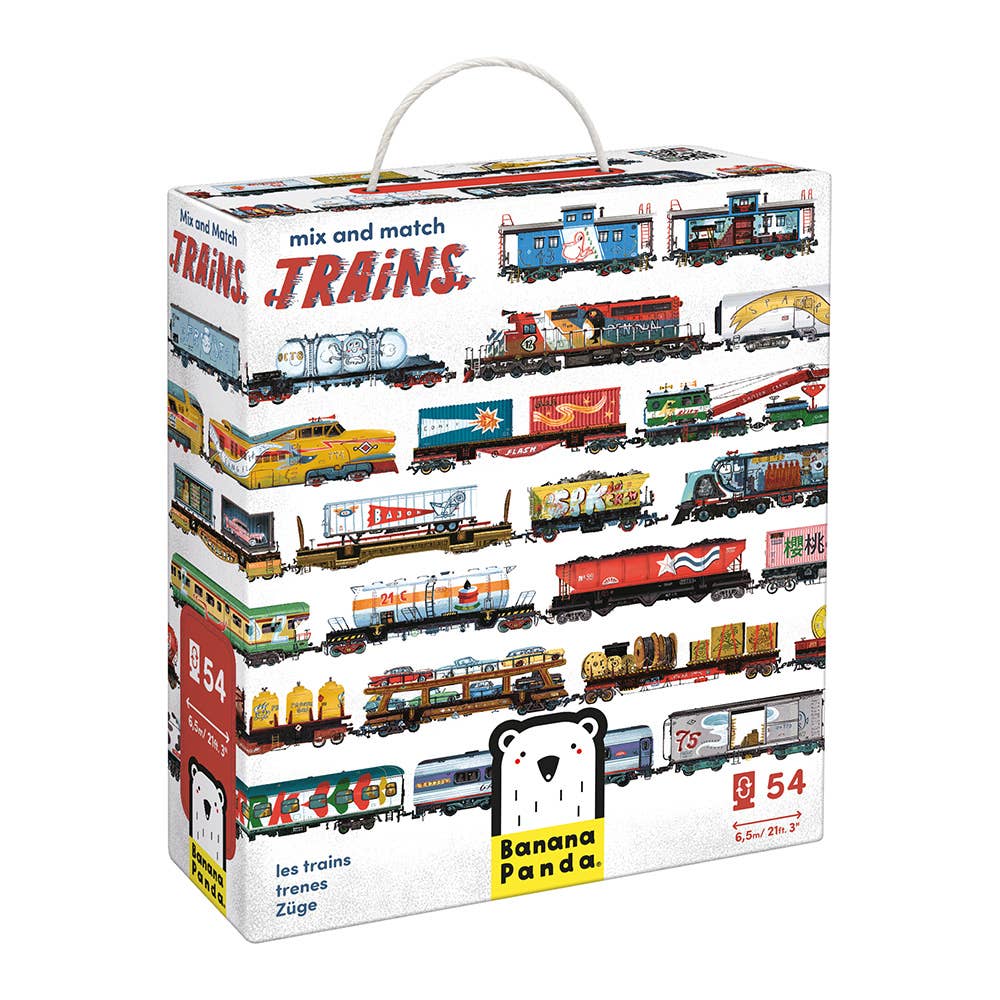 Box of toy trains with colorful train models on a white background
