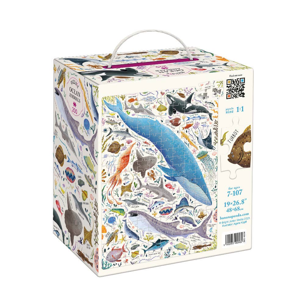 Puzzle box with ocean-themed illustrations on a white background
