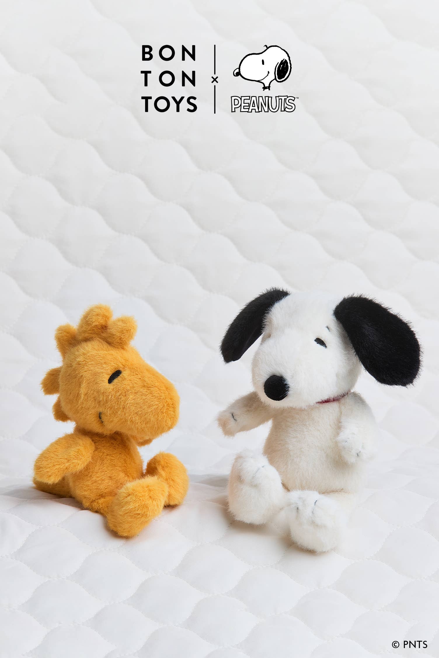 Two plush toys, one Woodstock and Snoopy, on a textured white background with Bon Ton Toys and Peanuts branding.