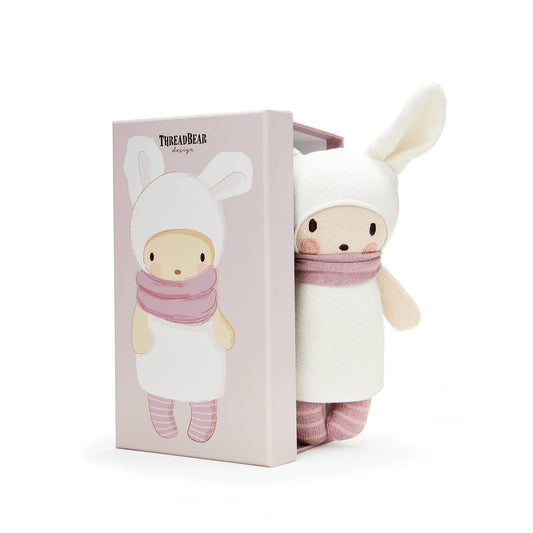 Stuffed toy with a pink scarf in front of its packaging on a white background
