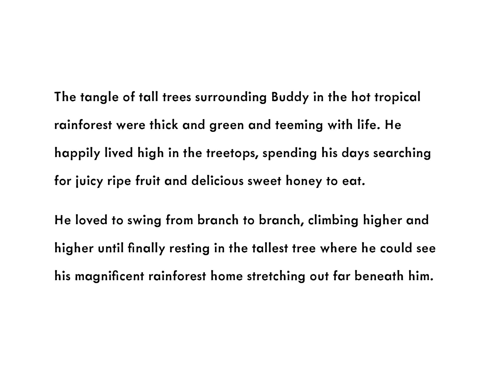 Text describing a tropical rainforest scene with a character named Buddy.