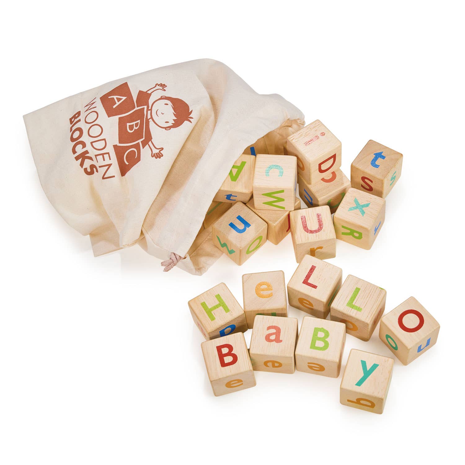 Wooden alphabet blocks with colorful letters spilling out of a 'ABC Wooden Blocks' bag on a white background.