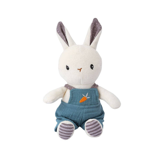 Plush toy rabbit in denim overalls with a carrot on a white background