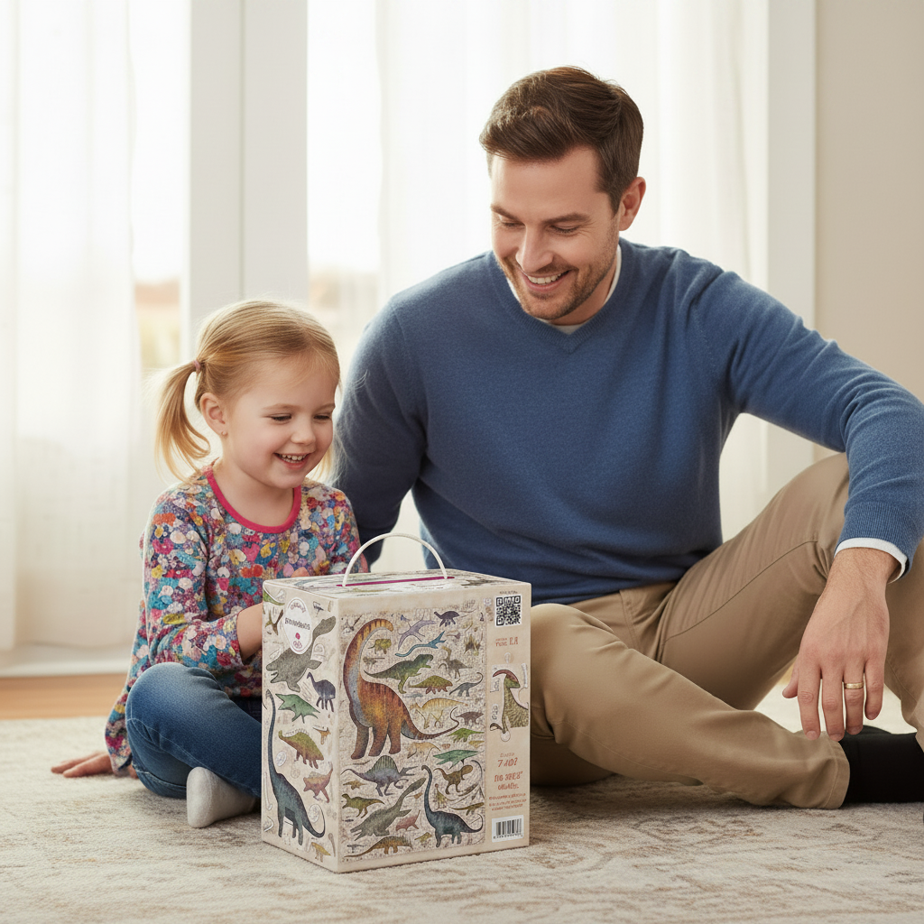 Man and young girl sitting on the floor with a dinosaur-themed box